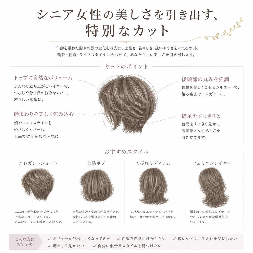 シニア女性の美しさを引き出す、特別なカットをご提供します