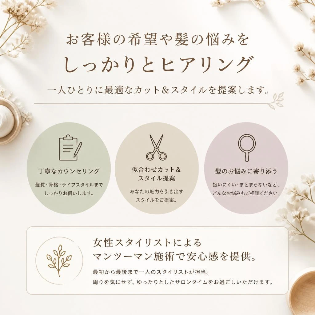 丁寧なカウンセリングで理想の髪型を実現